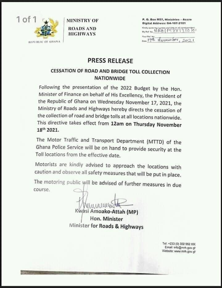 Road toll cessation - Road Ministry