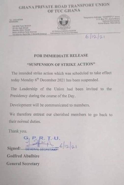 GPRTU of TUC released a presser to call off the strike