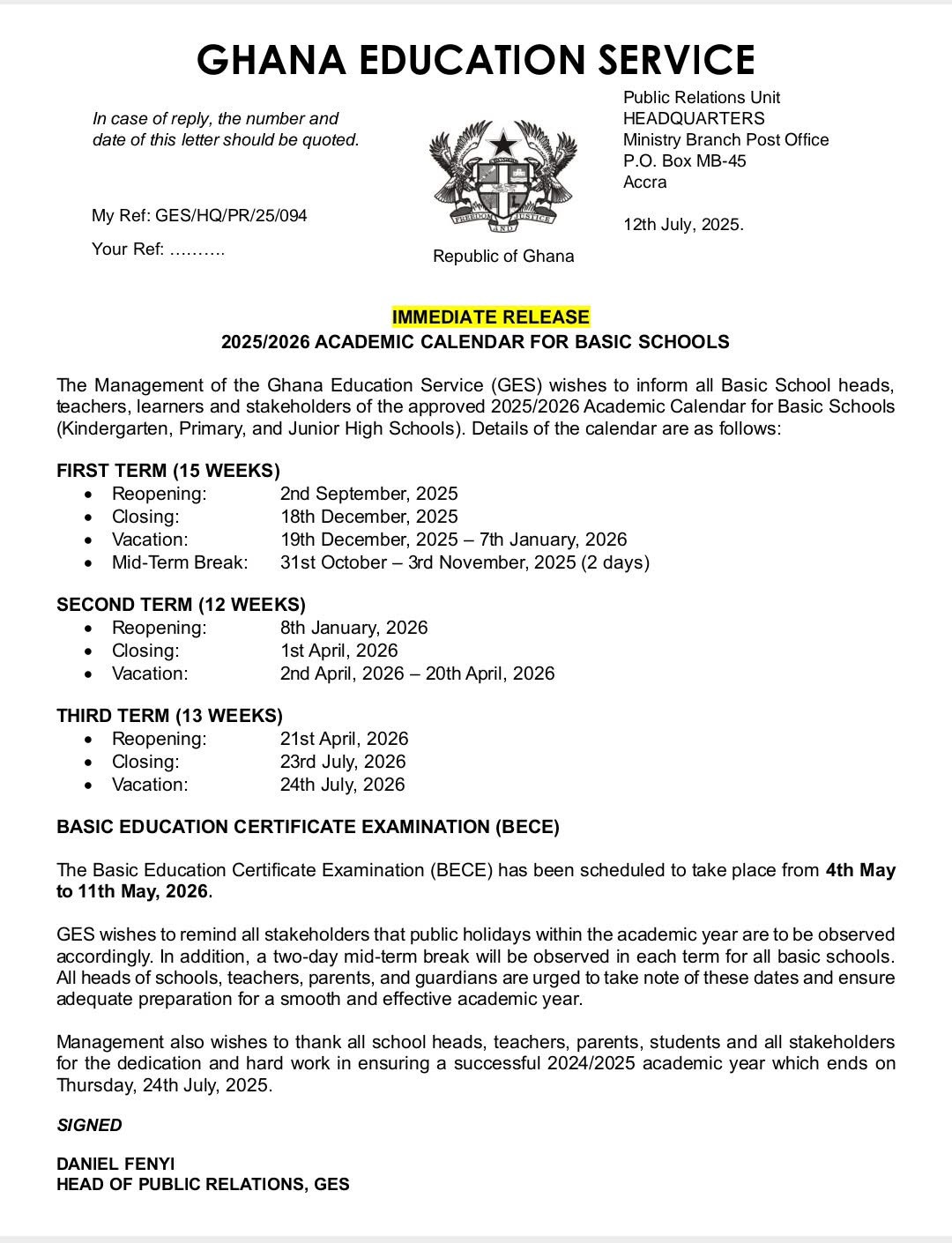 Press release from GES